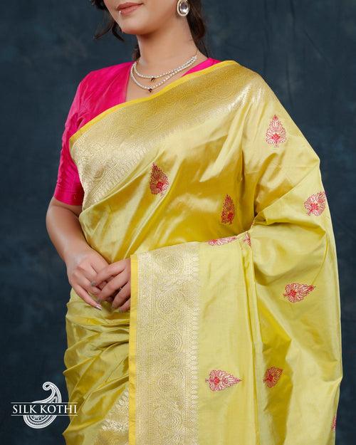 LIGHT LEMON YELLOW MEENA BUTA KADHWA KATAN SILK BANARASI HANDLOOM SAREE