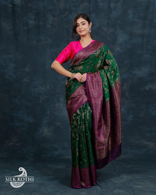 GREEN KADHWA JANGLA DUPION SILK BANARASI HANDLOOM SAREE