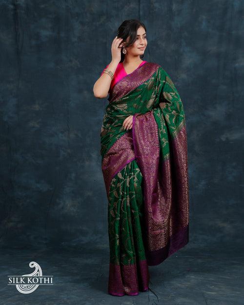 GREEN KADHWA JANGLA DUPION SILK BANARASI HANDLOOM SAREE