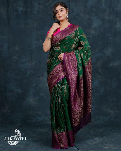 GREEN KADHWA JANGLA DUPION SILK BANARASI HANDLOOM SAREE