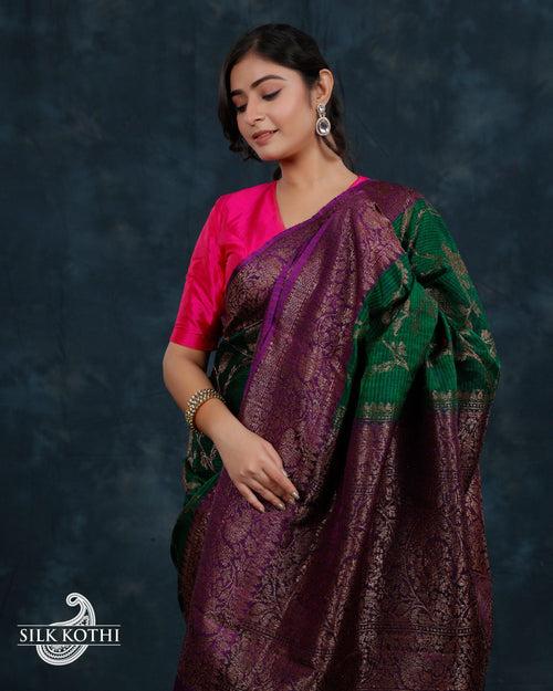 GREEN KADHWA JANGLA DUPION SILK BANARASI HANDLOOM SAREE