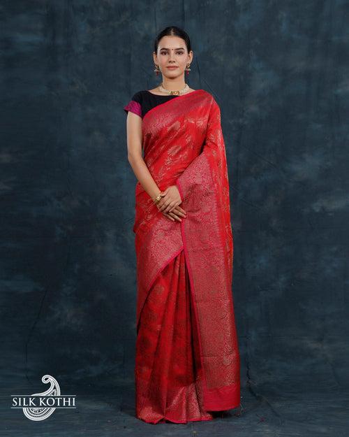 RED KADHWA JANGLA DUPION SILK BANARASI HANDLOOM SAREE