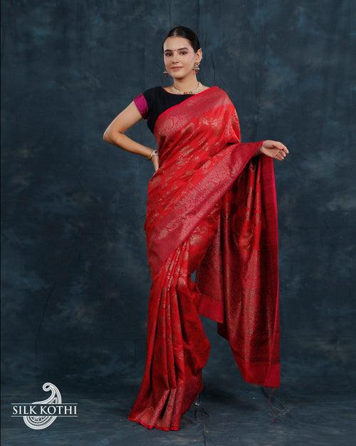 RED KADHWA JANGLA DUPION SILK BANARASI HANDLOOM SAREE