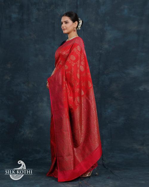 RED KADHWA JANGLA DUPION SILK BANARASI HANDLOOM SAREE