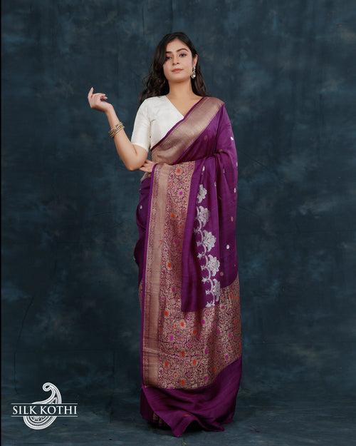 DEEP VIOLET KADHWA MEENAKARI BORDER TUSSAR GEORGETTE BANARASI HANDLOOM SAREE