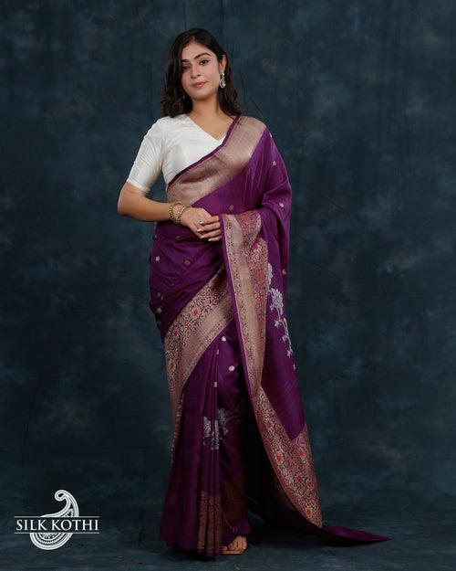 DEEP VIOLET KADHWA MEENAKARI BORDER TUSSAR GEORGETTE BANARASI HANDLOOM SAREE