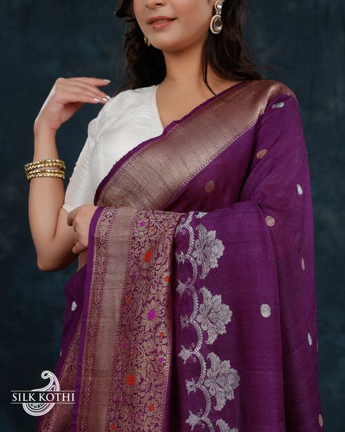 DEEP VIOLET KADHWA MEENAKARI BORDER TUSSAR GEORGETTE BANARASI HANDLOOM SAREE