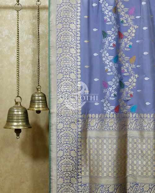 PIGEON BLUE RUPA SONA KADHWA KATAN SILK BANARASI HANDLOOM SAREE