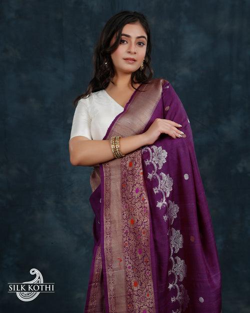 DEEP VIOLET KADHWA MEENAKARI BORDER TUSSAR GEORGETTE BANARASI HANDLOOM SAREE