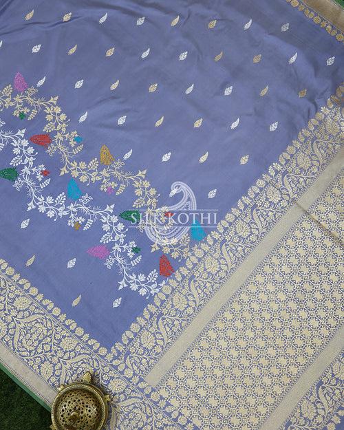 PIGEON BLUE RUPA SONA KADHWA KATAN SILK BANARASI HANDLOOM SAREE