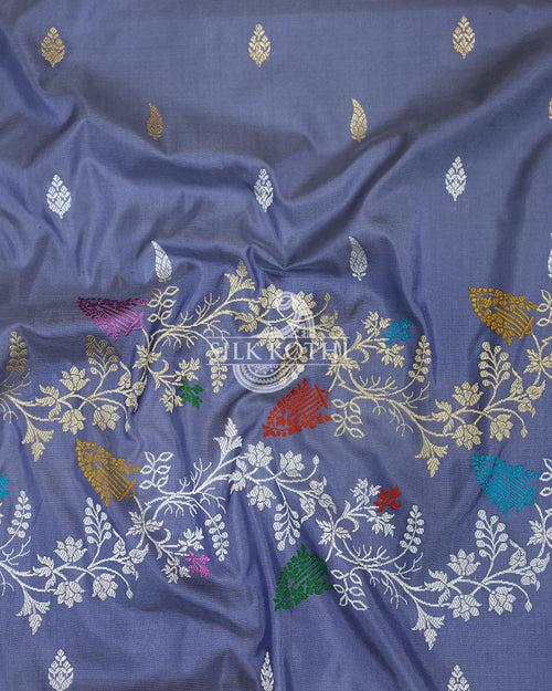 PIGEON BLUE RUPA SONA KADHWA KATAN SILK BANARASI HANDLOOM SAREE