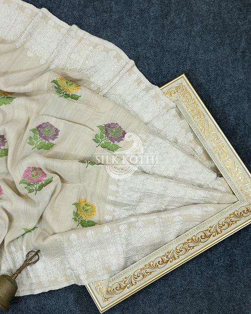 IVORY CREAM KADHWA MEENA BUTA TUSSAR GEORGETTE BANARASI HANDLOOM SAREE