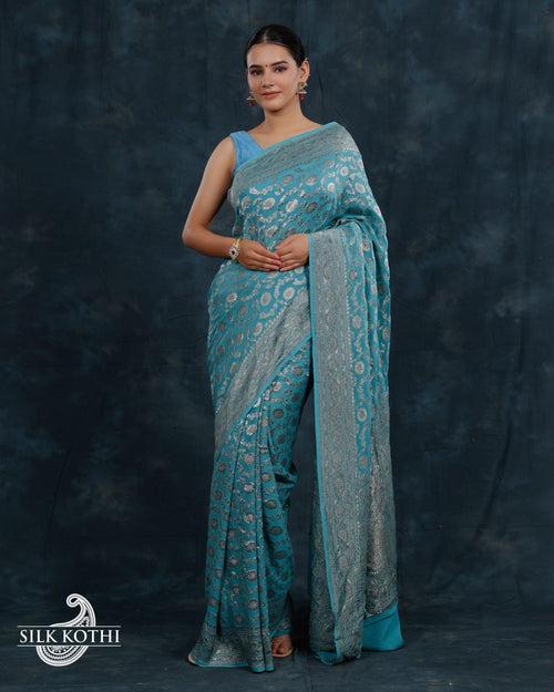 PALE TURQUOISE GEORGETTE CHIFFON BANARASI HANDLOOM SAREE