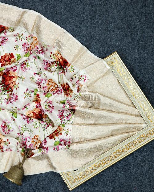 CREAM PRINTED KATAN SILK BANARASI HANDLOOM SAREE