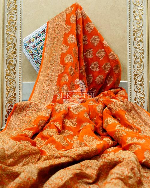 ORANGE KHADDI GEORGETTE BANARASI HANDLOOM SAREE