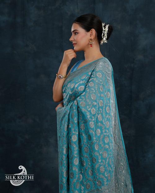 PALE TURQUOISE GEORGETTE CHIFFON BANARASI HANDLOOM SAREE