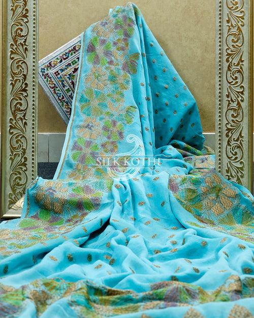 TURQUOISE BLUE KHADDI GEORGETTE BANARASI HANDLOOM SAREE