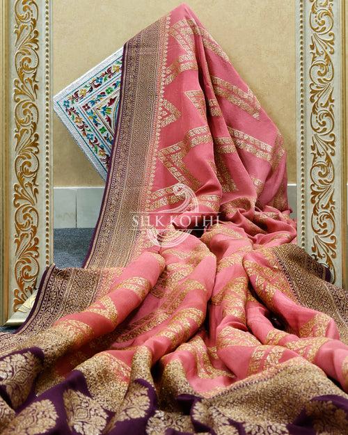 FLAMINGO PINK CREPE GEORGETTE BANARASI HANDLOOM SAREE