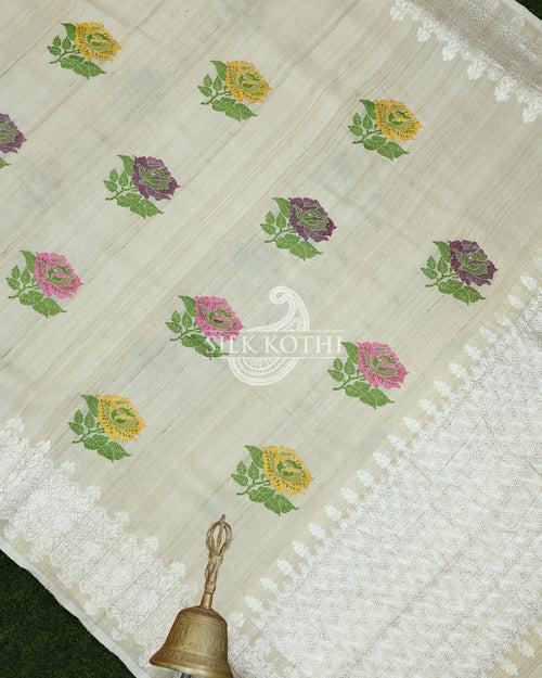 IVORY CREAM KADHWA MEENA BUTA TUSSAR GEORGETTE BANARASI HANDLOOM SAREE