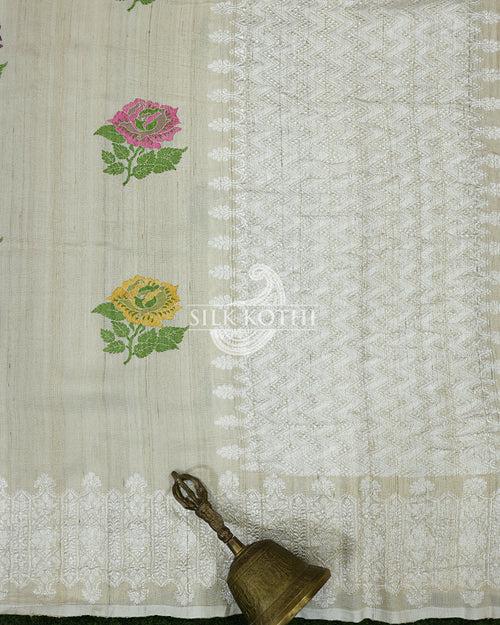 IVORY CREAM KADHWA MEENA BUTA TUSSAR GEORGETTE BANARASI HANDLOOM SAREE