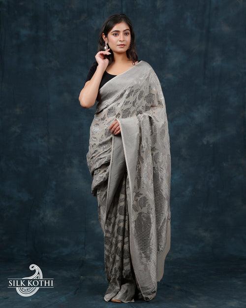 PASTEL GREY GEORGETTE CHIFFON BANARASI HANDLOOM SAREE