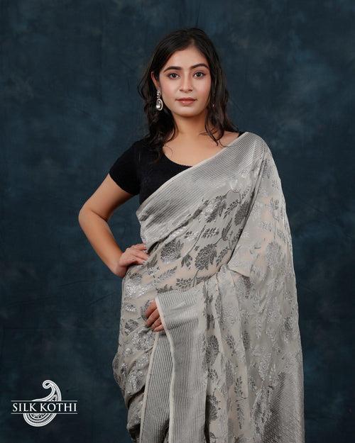 PASTEL GREY GEORGETTE CHIFFON BANARASI HANDLOOM SAREE