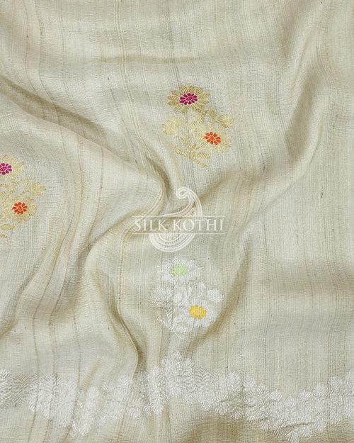 LIGHT CREAM KADHWA LEHARIYA TUSSAR GEORGETTE BANARASI HANDLOOM SAREE