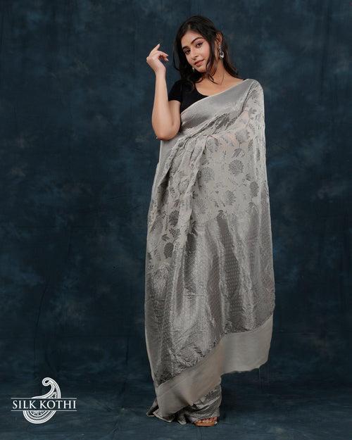 PASTEL GREY GEORGETTE CHIFFON BANARASI HANDLOOM SAREE