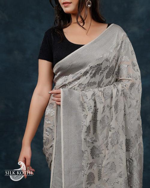 PASTEL GREY GEORGETTE CHIFFON BANARASI HANDLOOM SAREE