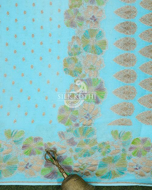 TURQUOISE BLUE KHADDI GEORGETTE BANARASI HANDLOOM SAREE