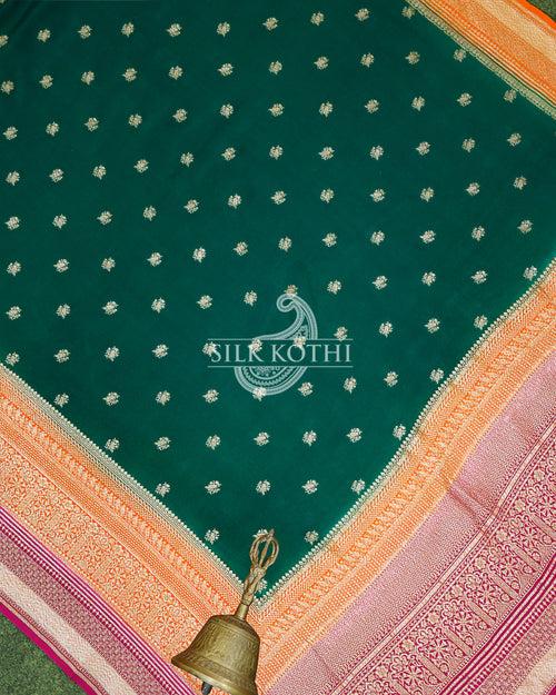 DARK GREEN CREPE GEORGETTE BANARASI HANDLOOM SAREE