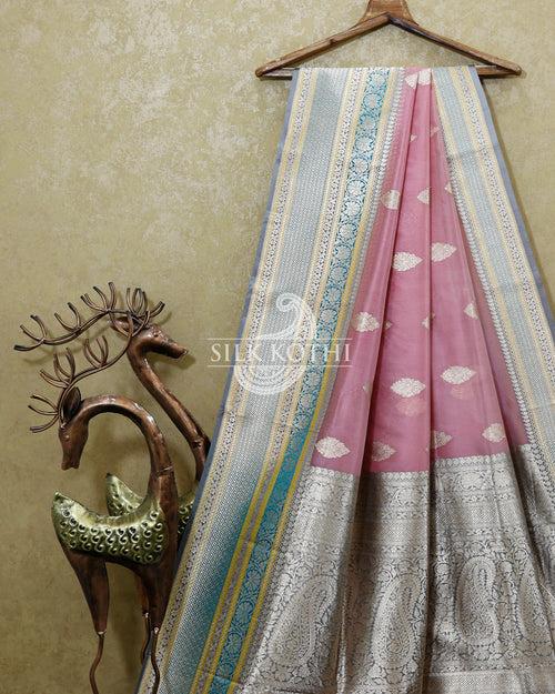 TAFFY PINK KADHWA KORA ORGANZA BANARASI HANDLOOM SAREE