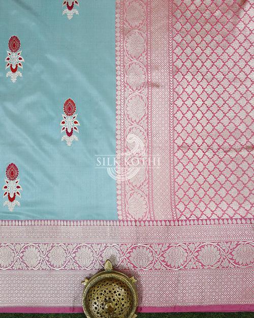 PALE TURQUOISE MEENA BUTA KADHWA KATAN SILK BANARASI HANDLOOM SAREE