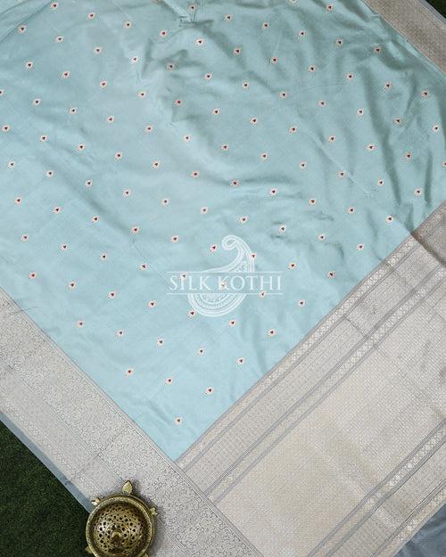 LIGHT CYAN MEENA BUTI KADHWA KATAN SILK BANARASI HANDLOOM SAREE