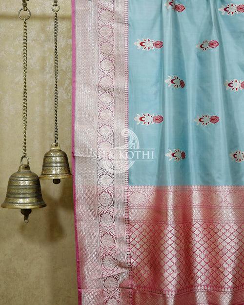 PALE TURQUOISE MEENA BUTA KADHWA KATAN SILK BANARASI HANDLOOM SAREE