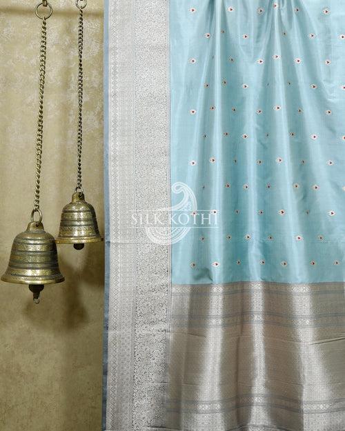 LIGHT CYAN MEENA BUTI KADHWA KATAN SILK BANARASI HANDLOOM SAREE