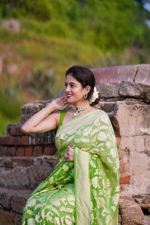 GREEN SHADED GEORGETTE CHIFFON BANARASI HANDLOOM SAREE