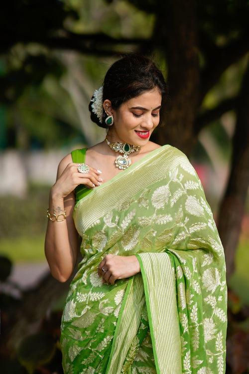 GREEN SHADED GEORGETTE CHIFFON BANARASI HANDLOOM SAREE