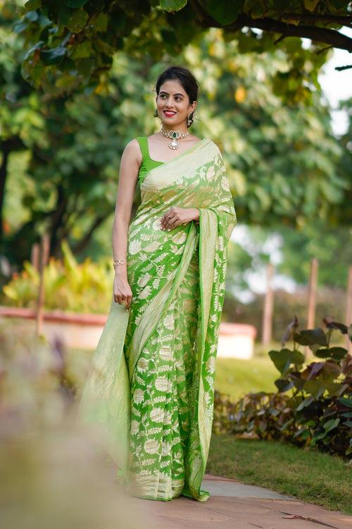 GREEN SHADED GEORGETTE CHIFFON BANARASI HANDLOOM SAREE