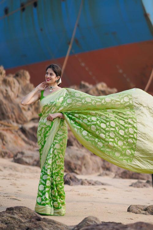 GREEN SHADED GEORGETTE CHIFFON BANARASI HANDLOOM SAREE