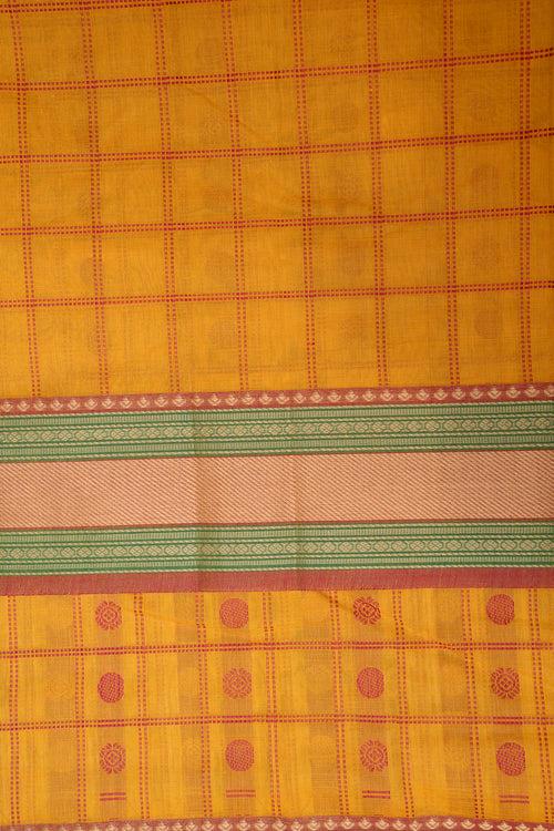 Mustard Thread Checks Pure Kanchi Cotton Saree