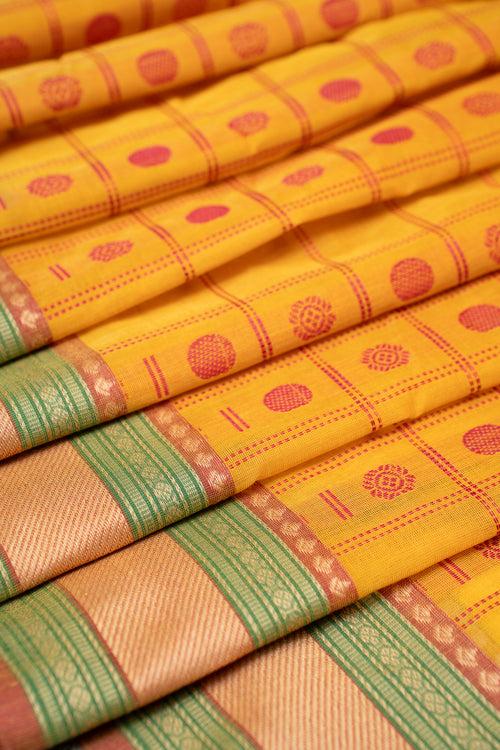 Mustard Thread Checks Pure Kanchi Cotton Saree