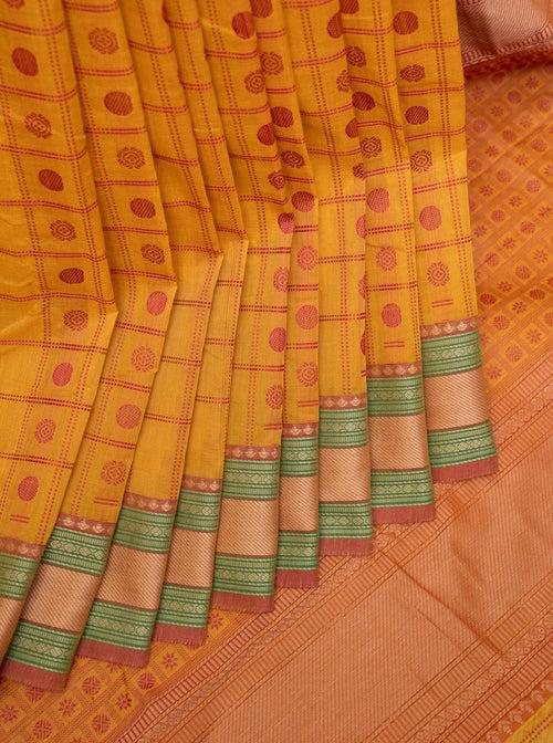 Mustard Thread Checks Pure Kanchi Cotton Saree