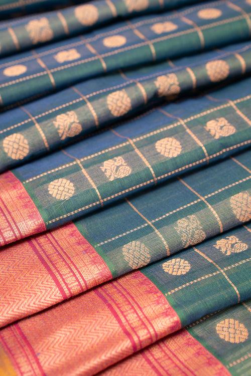 Peacock Blue Thread Checks Pure Cotton Saree