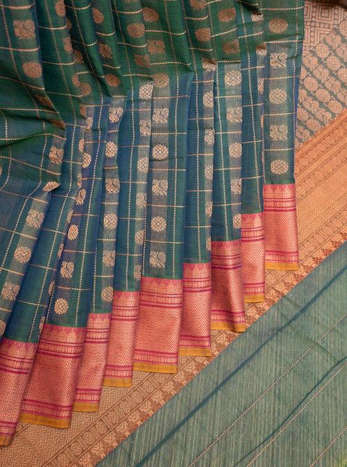 Peacock Blue Thread Checks Pure Cotton Saree