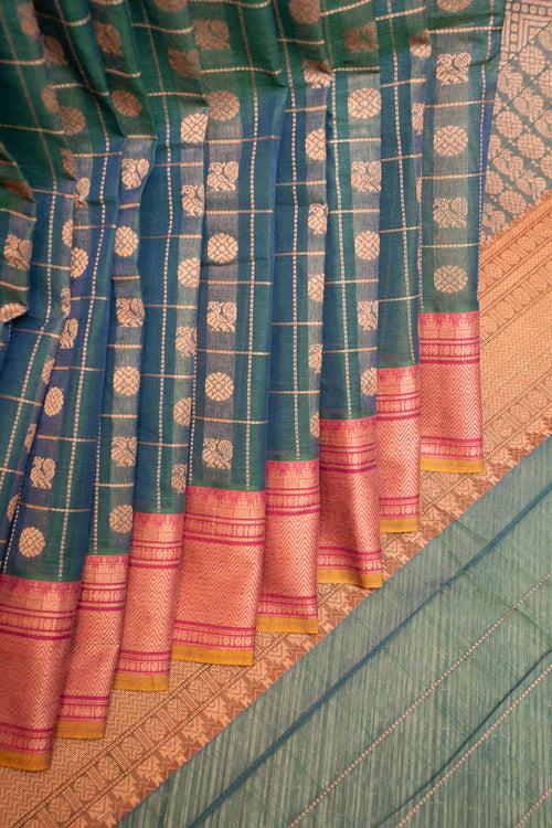 Peacock Blue Thread Checks Pure Cotton Saree