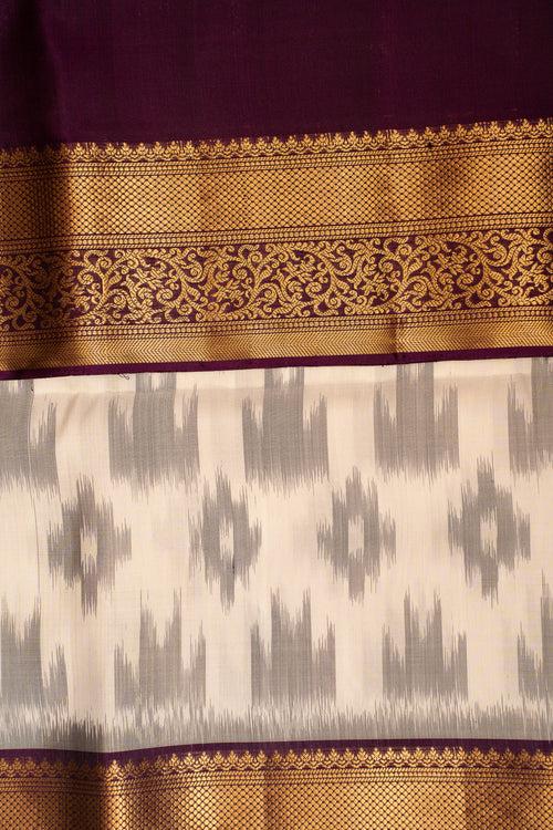 Off white and Mulberry Purple Pure Ikat Silk Saree