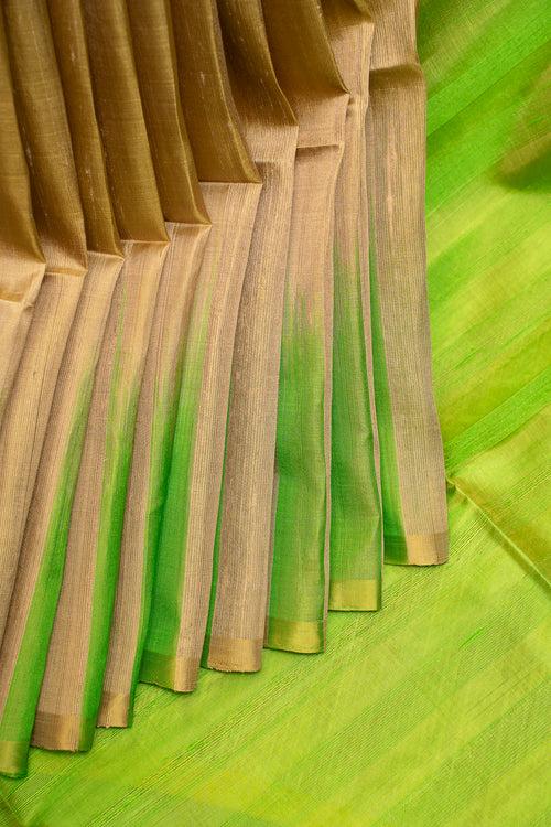 Beige and Parrot Green Dupian Pure Silk Saree