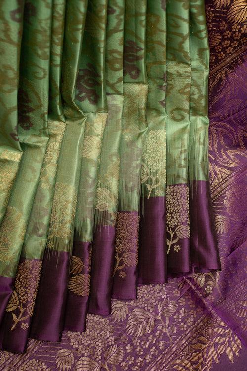 Sage Green and Purple Pure Ikat Silk Saree