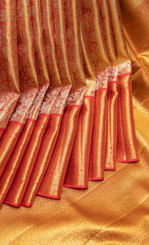 Gold and Red Tissue Brocade Pure Kanchipuram Wedding Silk Saree